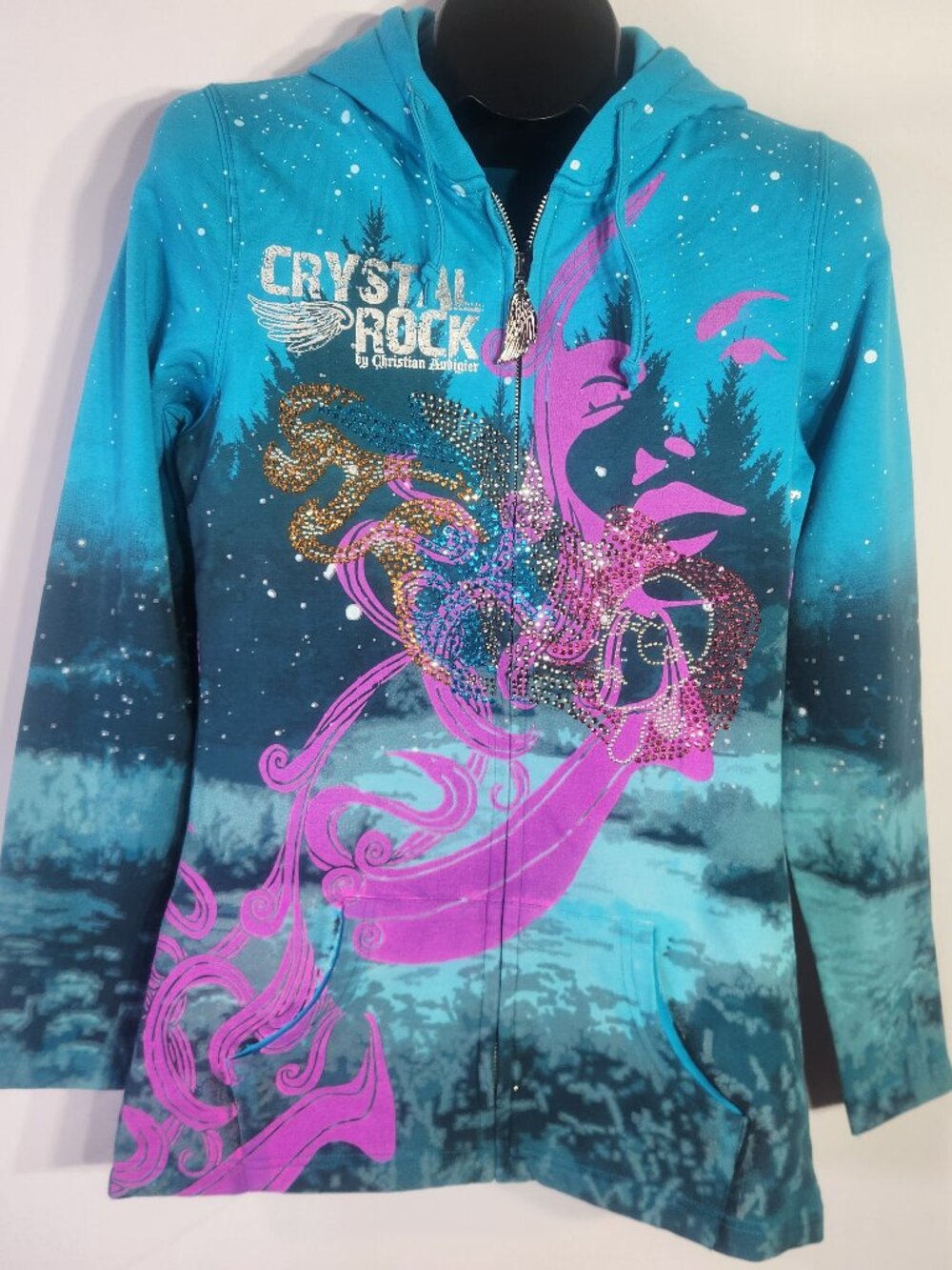 Christian Audigier Crystal Rock Y2K Turquoise Crown Zip Hoodie – Size M